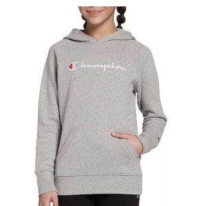 Champion Girl’s Script Logo in Pink Heather Gray Fleece Hoodie Medium 7354CG NWT
